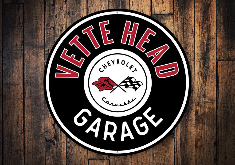 Vette Head Garage Car Sign featuring classic car brands, made from durable aluminum, perfect for garage decor.