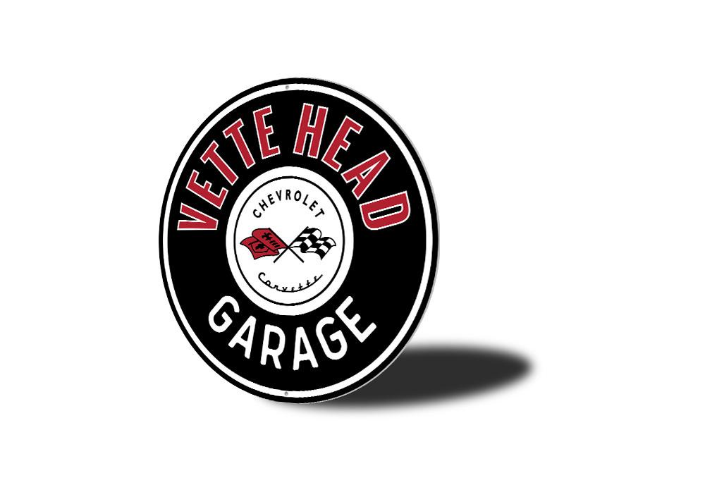 Vette Head Garage Car Sign featuring classic car brands, made from durable aluminum, perfect for garage decor.