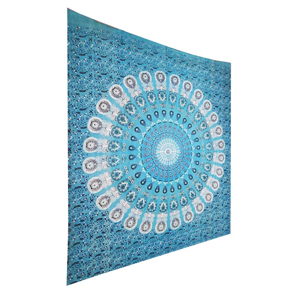 A vibrant peacock mandala tapestry showcasing intricate designs and rich colors, perfect for home decor.