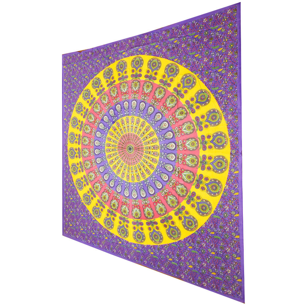 A vibrant peacock mandala tapestry showcasing intricate designs and rich colors, perfect for home decor.