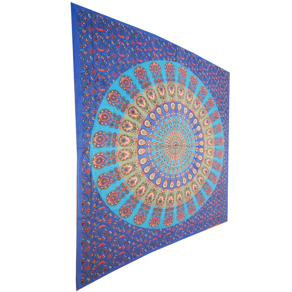 A vibrant peacock mandala tapestry showcasing intricate designs and rich colors, perfect for home decor.