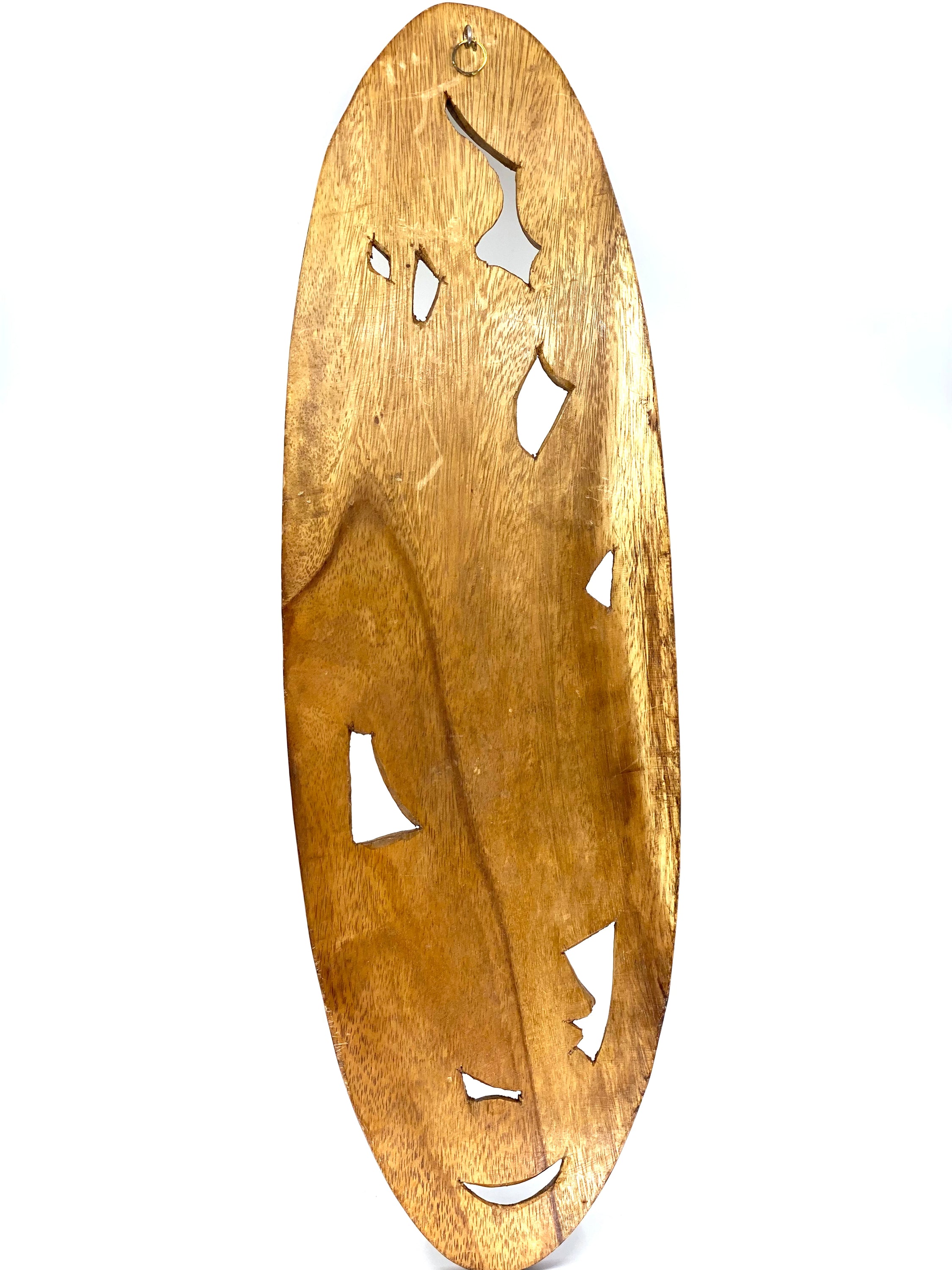 Hand carved wooden wall plaque featuring tropical fruits like pineapple, plums, kiwi, and grapes, made from monkeypod wood.