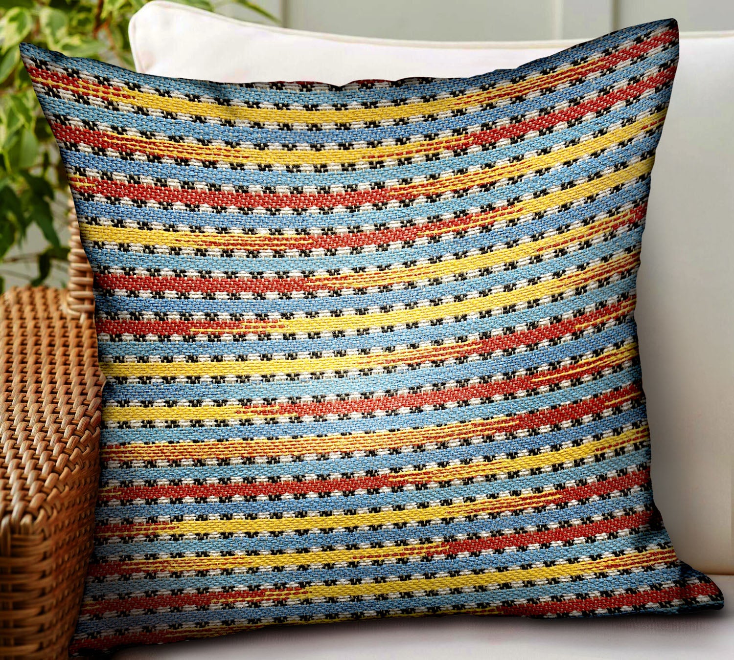 Vivid Stripe Luxury Throw Pillow featuring red, blue, and yellow stripes, handcrafted with a double-sided design and invisible zipper.