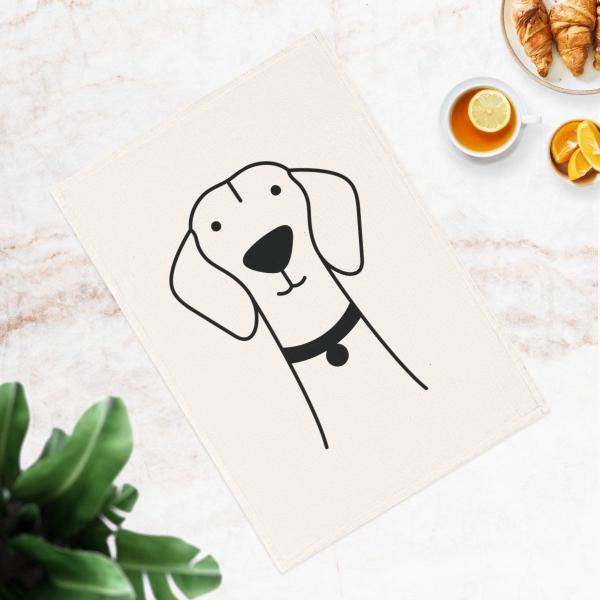A stylish Vizsla dog cotton tea towel made from 100% organic cotton, featuring a cute Vizsla dog print, perfect for bathroom or kitchen decor.