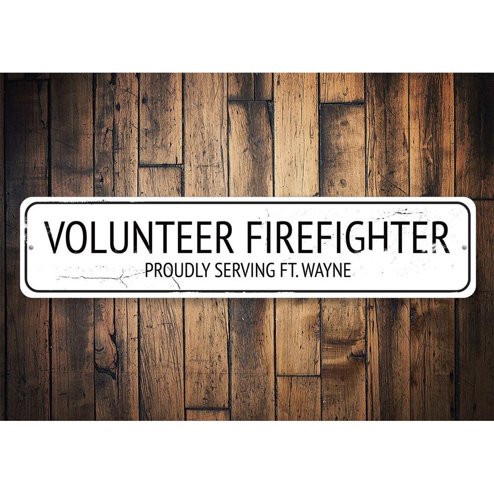 Customizable Volunteer Firefighter Sign made from high-quality aluminum, featuring pre-drilled holes for easy mounting.