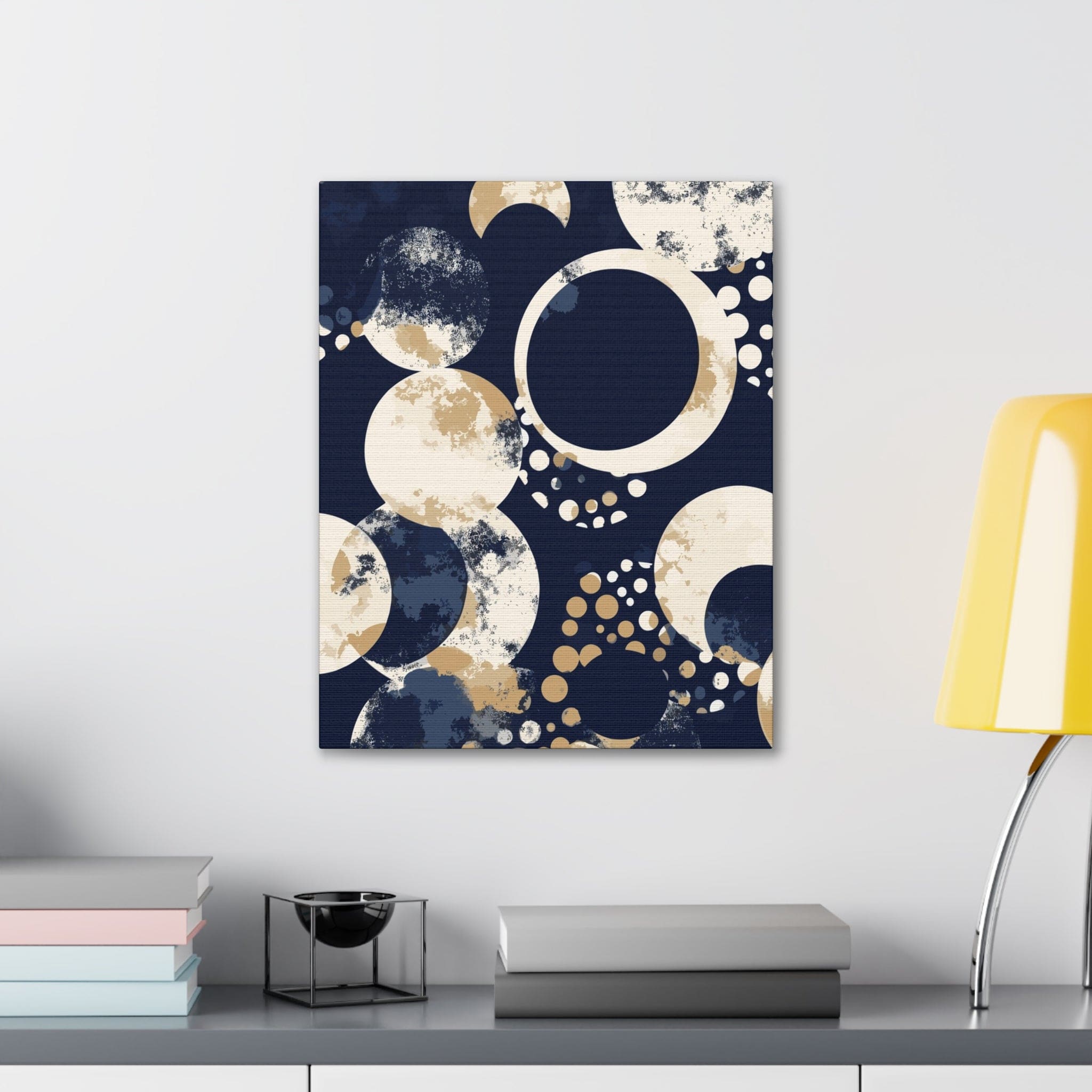 Navy blue and beige spotted canvas print artwork, showcasing a modern design perfect for home decor.