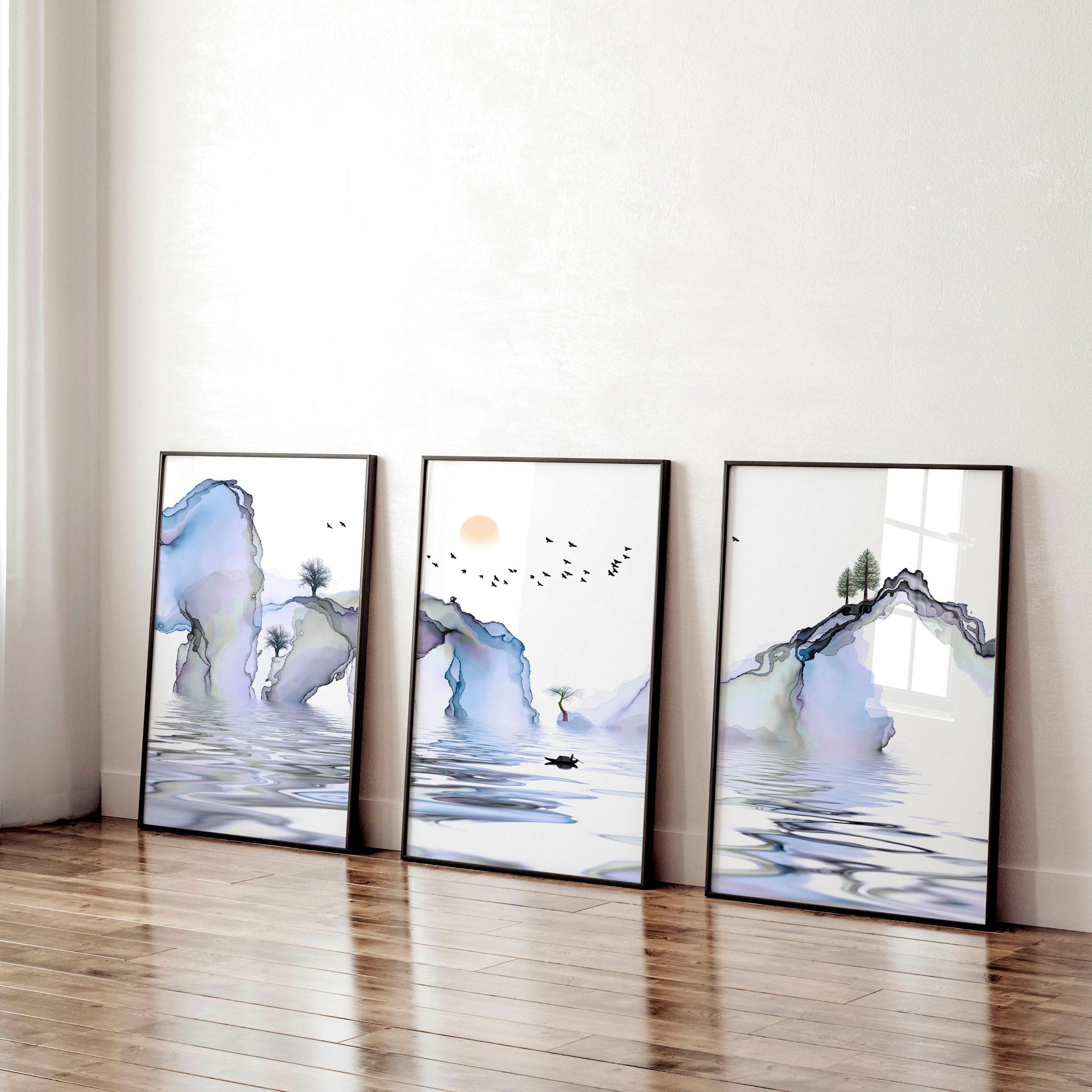 Set of 3 framed wall art prints featuring serene Japanese sunset landscapes in light blue and lilac tones, perfect for office decor.