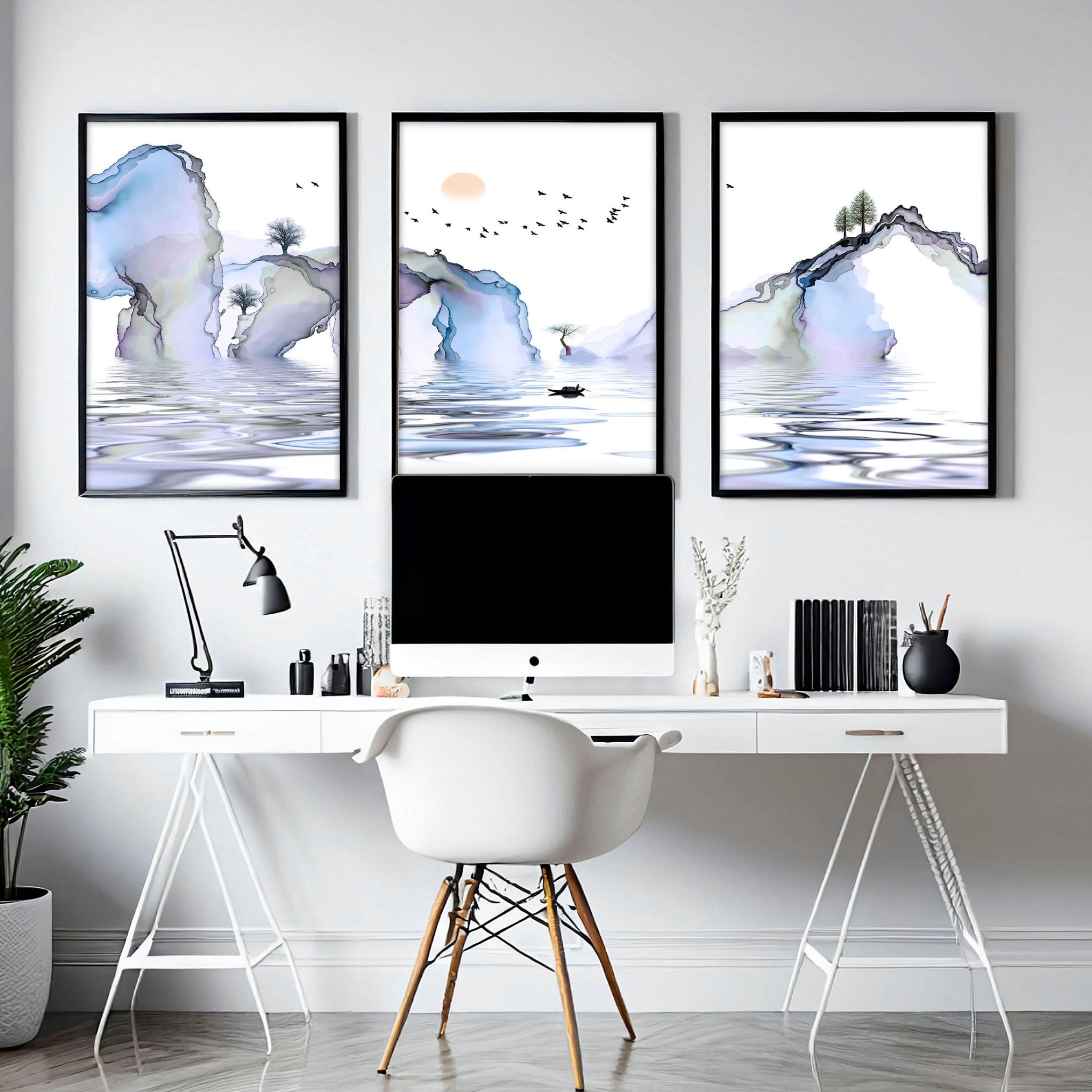 Set of 3 framed wall art prints featuring serene Japanese sunset landscapes in light blue and lilac tones, perfect for office decor.