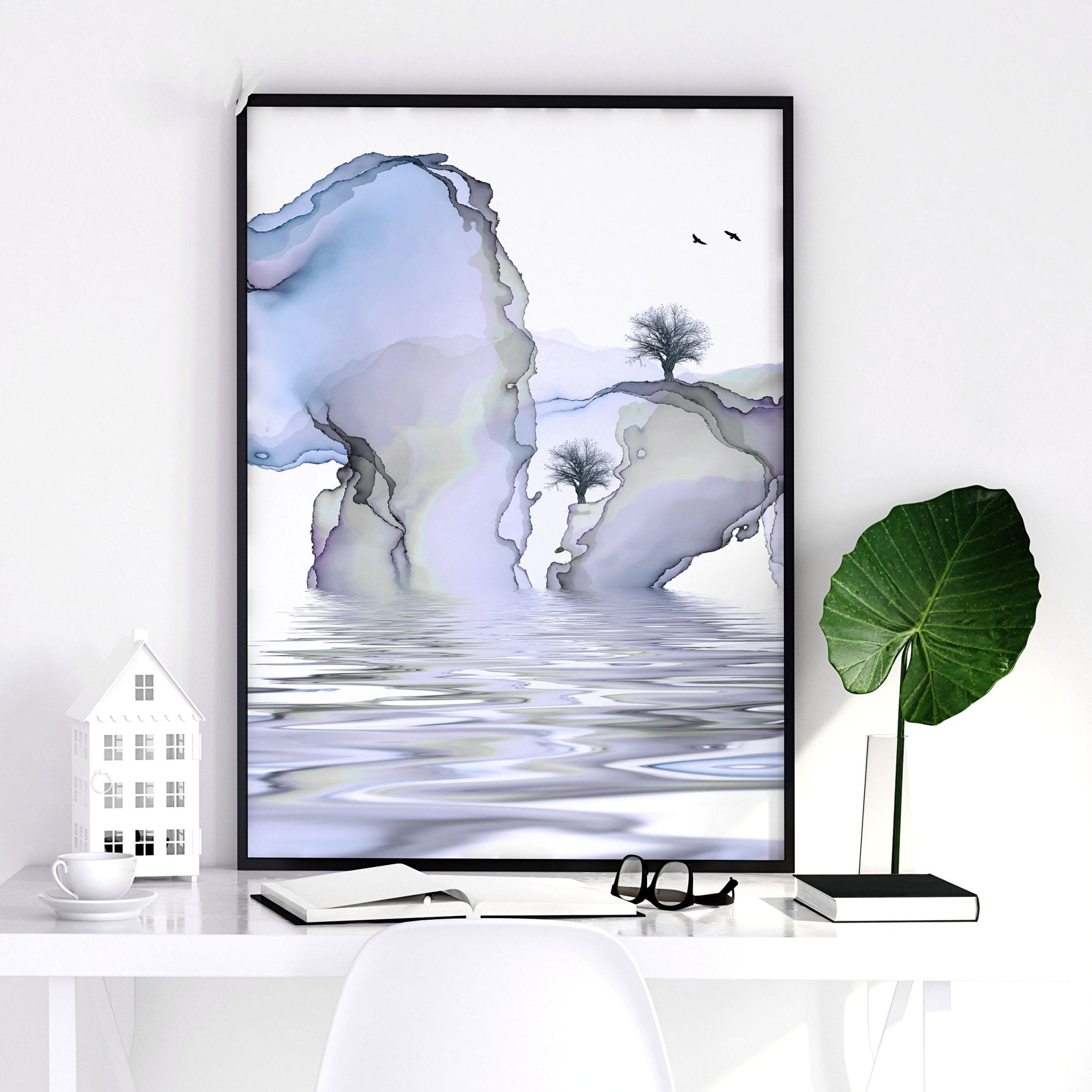 Set of 3 framed wall art prints featuring serene Japanese sunset landscapes in light blue and lilac tones, perfect for office decor.