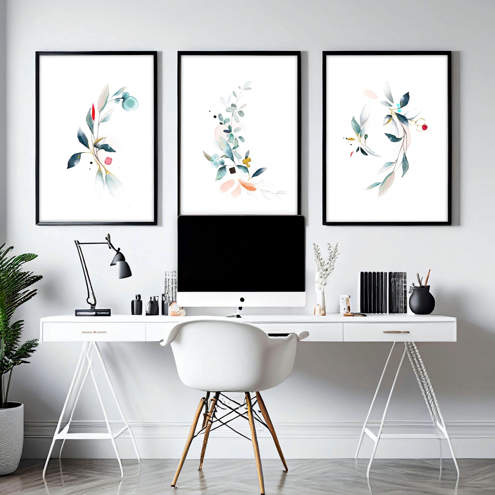 Set of 3 wall art prints featuring watercolour botanicals in teal and aquamarine tones, perfect for office decor.