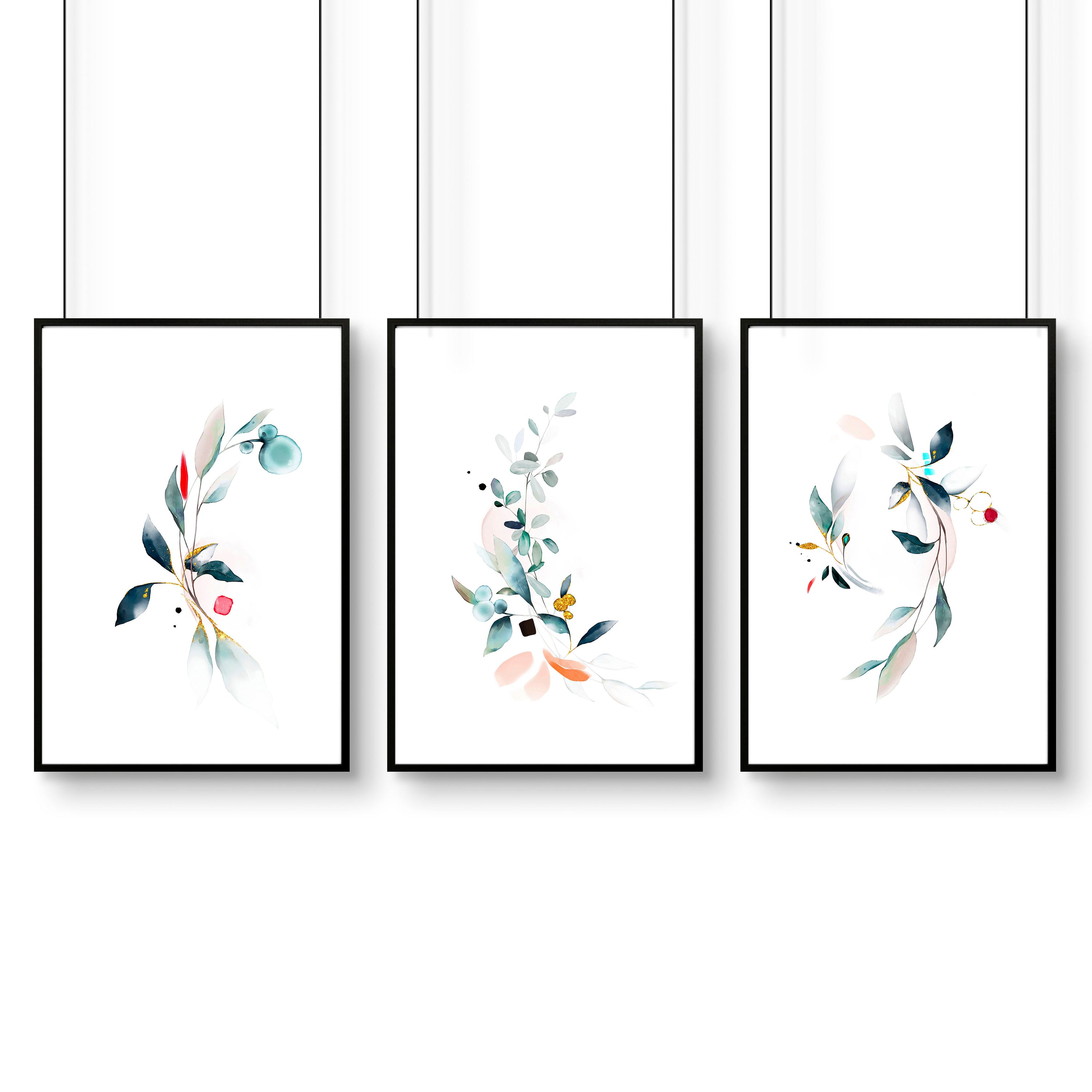 Set of 3 wall art prints featuring watercolour botanicals in teal and aquamarine tones, perfect for office decor.