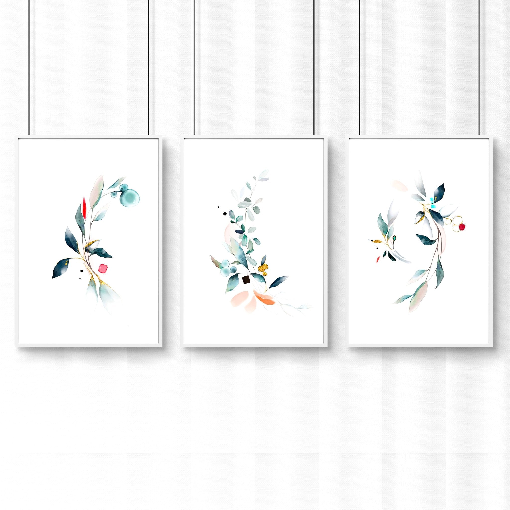 Set of 3 wall art prints featuring watercolour botanicals in teal and aquamarine tones, perfect for office decor.