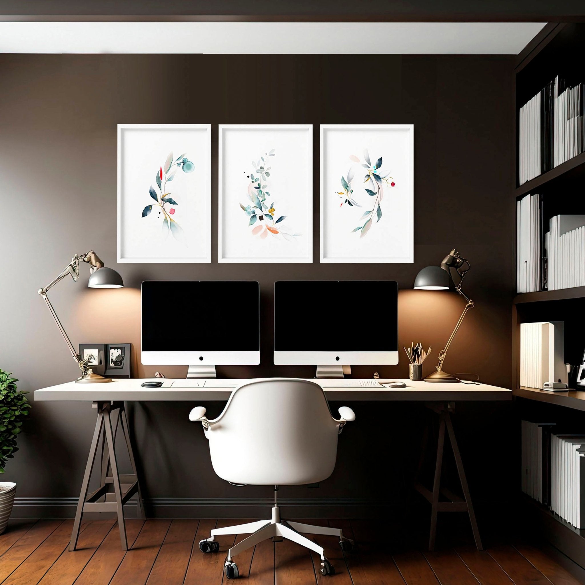 Set of 3 wall art prints featuring watercolour botanicals in teal and aquamarine tones, perfect for office decor.