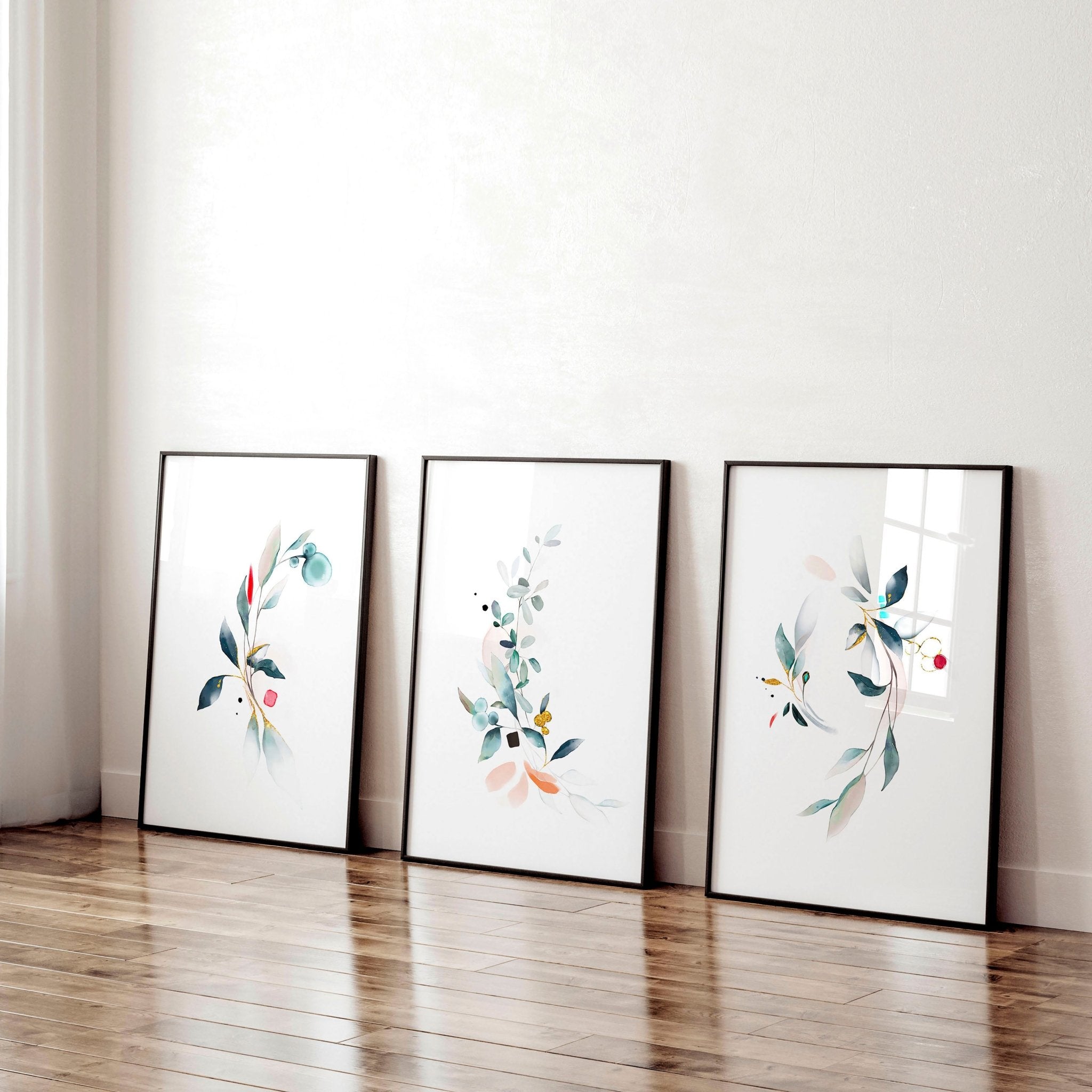 Set of 3 wall art prints featuring watercolour botanicals in teal and aquamarine tones, perfect for office decor.