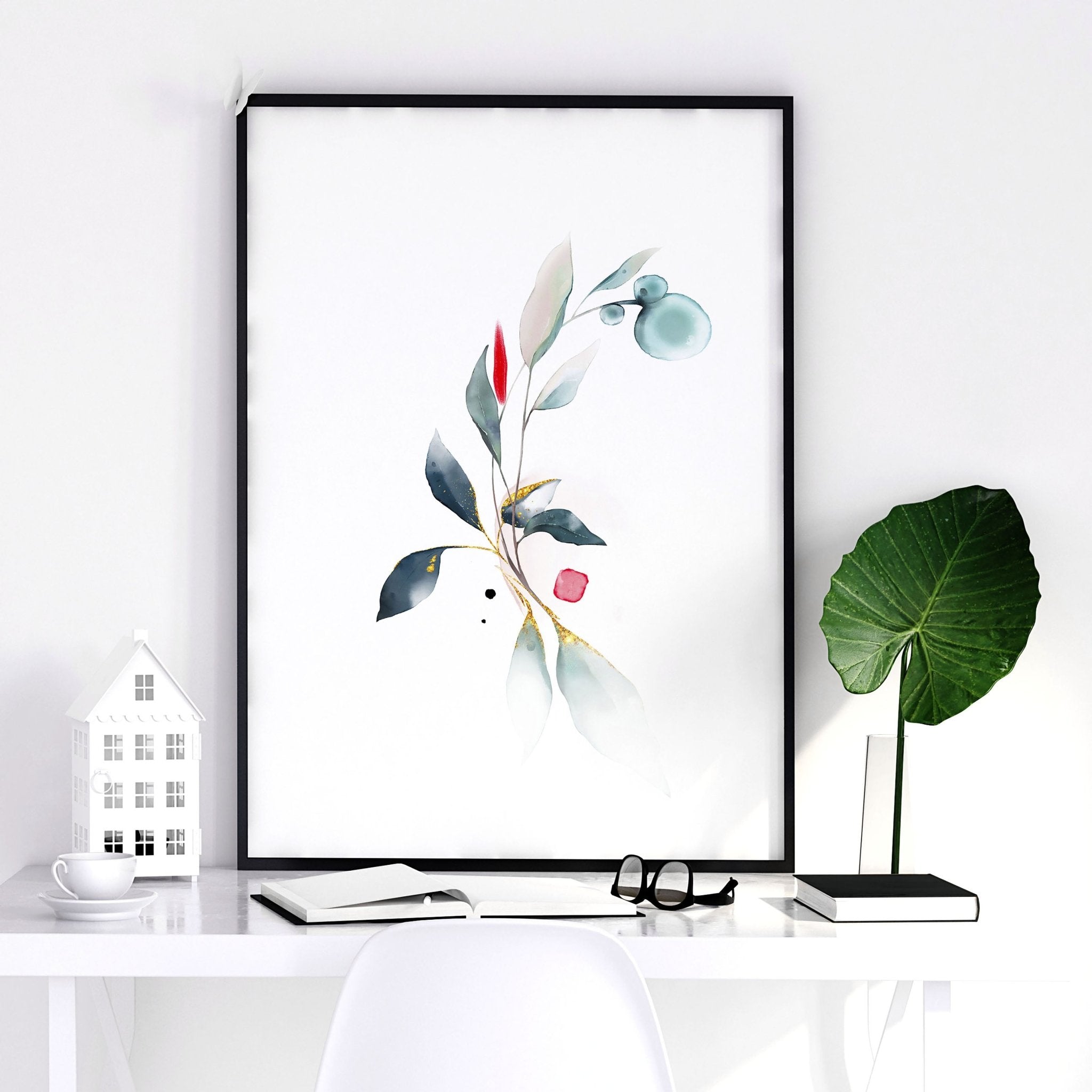 Set of 3 wall art prints featuring watercolour botanicals in teal and aquamarine tones, perfect for office decor.