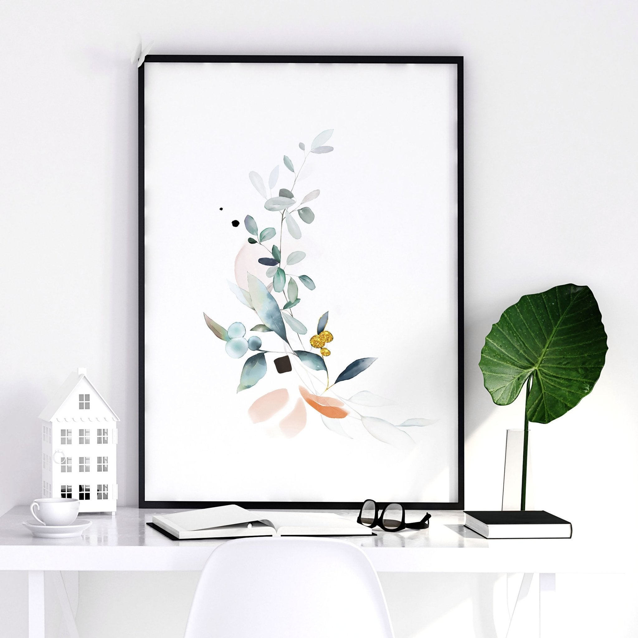Set of 3 wall art prints featuring watercolour botanicals in teal and aquamarine tones, perfect for office decor.