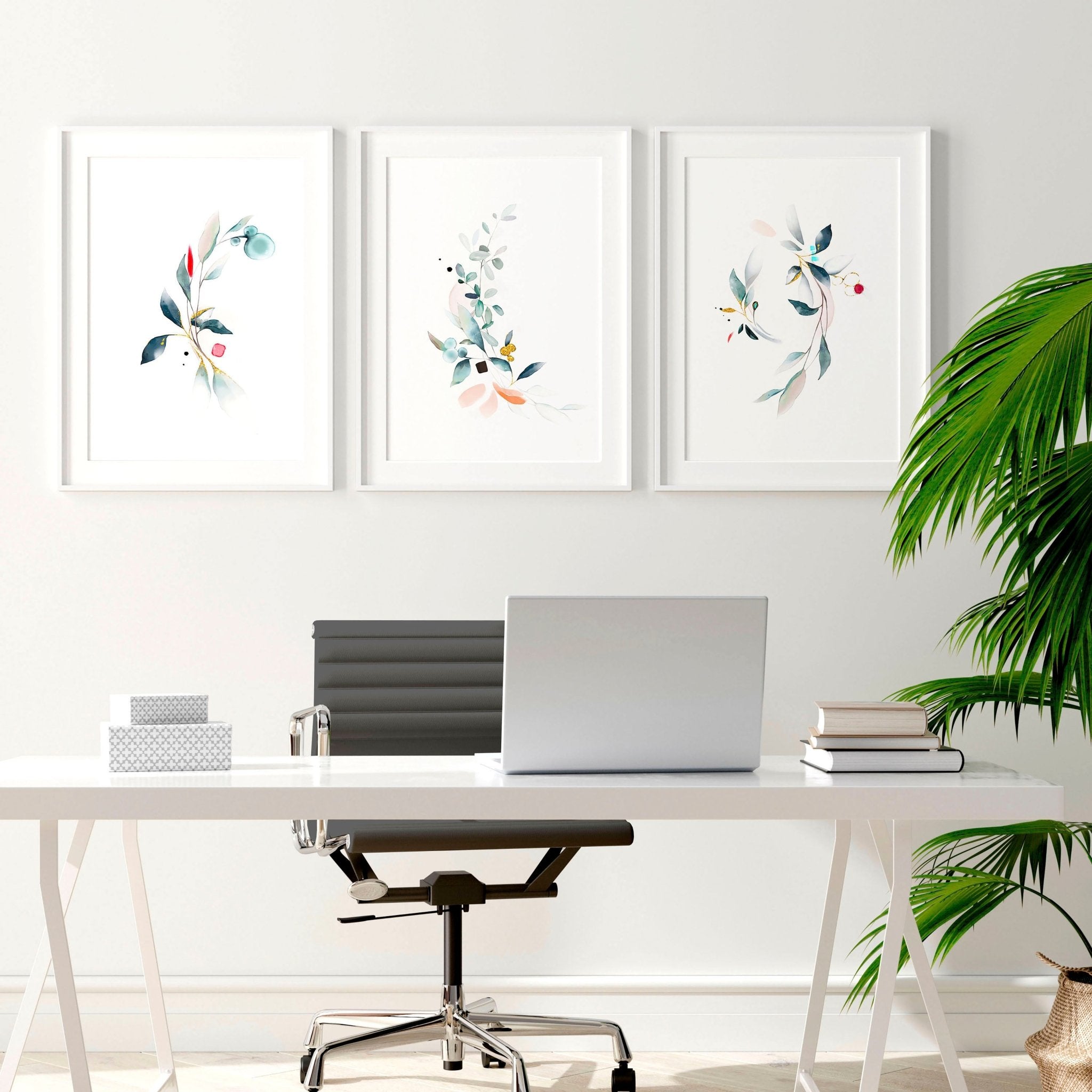 Set of 3 wall art prints featuring watercolour botanicals in teal and aquamarine tones, perfect for office decor.