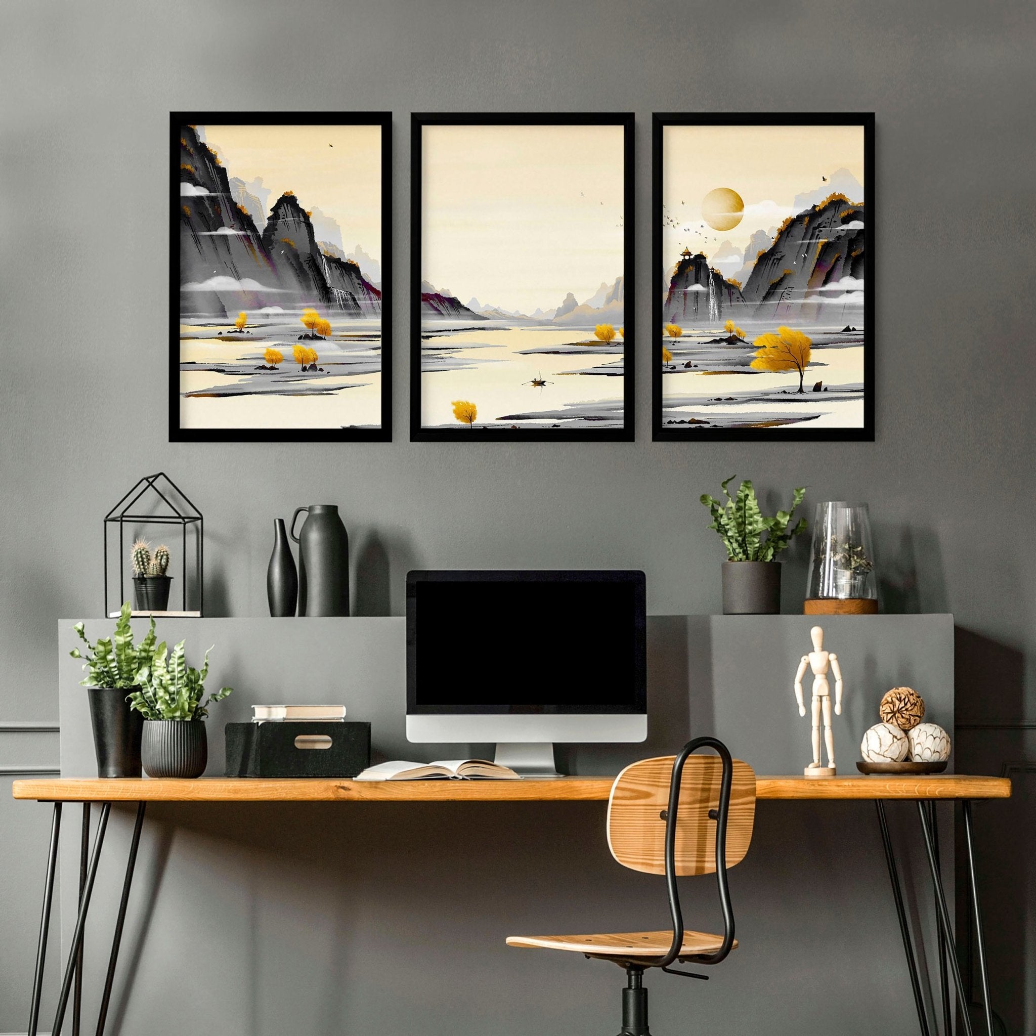 Set of 3 Japanese wall art prints featuring serene landscapes in light yellow, grey, and black tones, perfect for office decor.