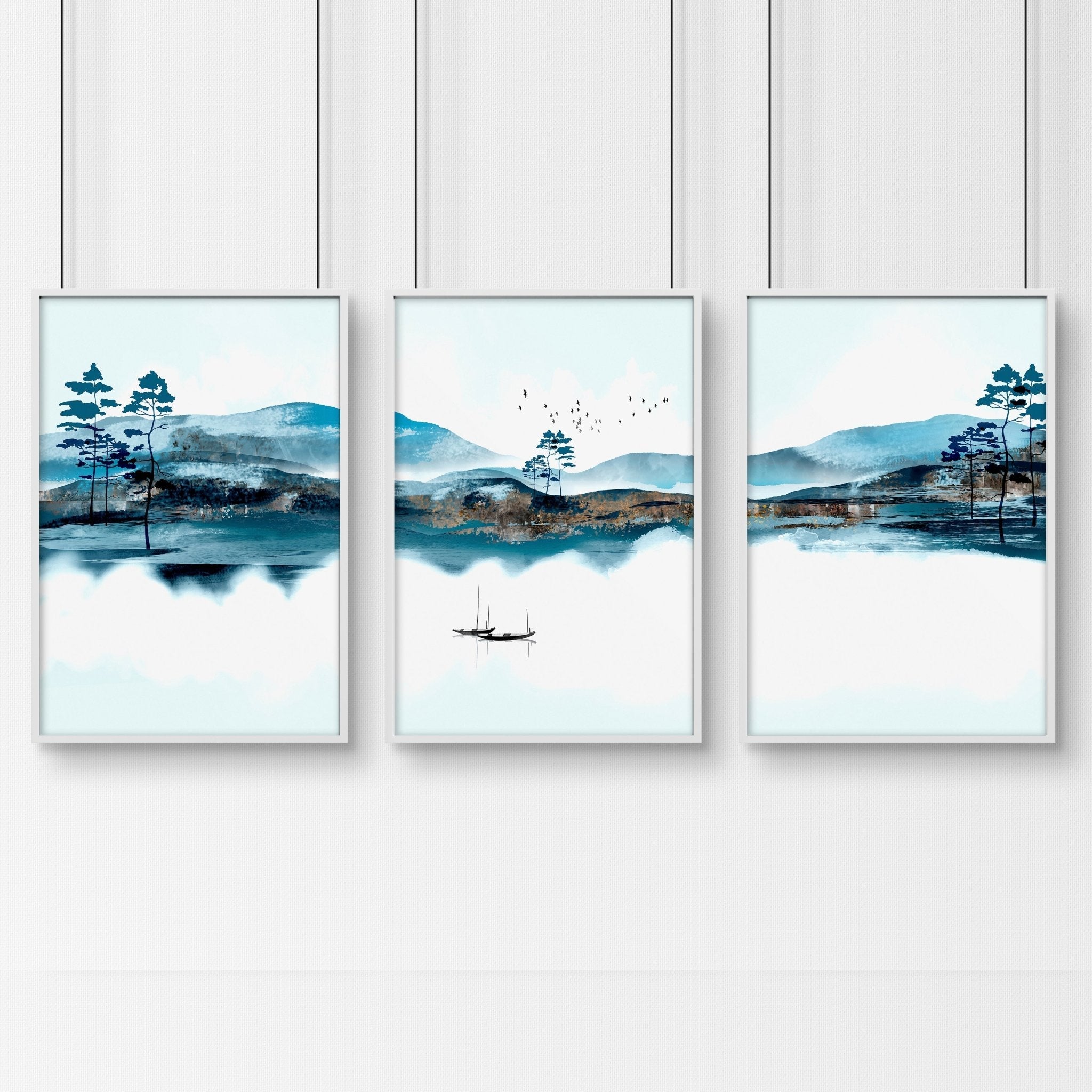 Set of 3 teal wall art prints featuring intricate Japanese landscape illustrations, framed in black or white, perfect for living room decor.