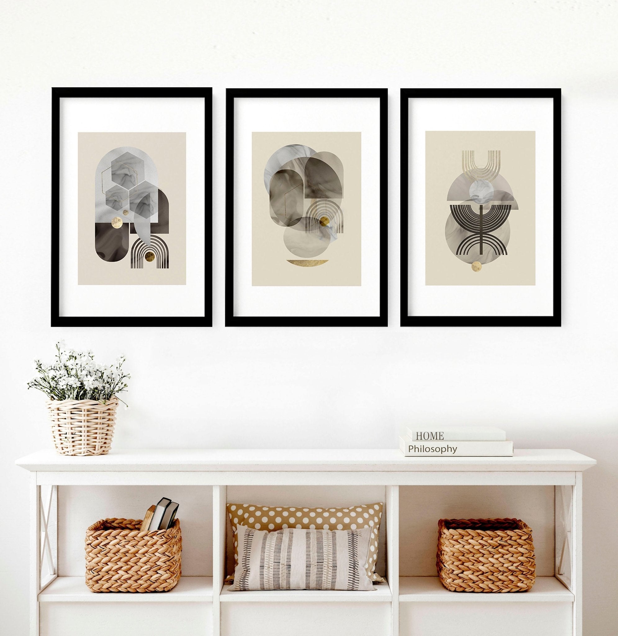 Set of 3 framed wall art prints featuring mid-century designs in beige, grey, and gold, elegantly displayed for home decor.