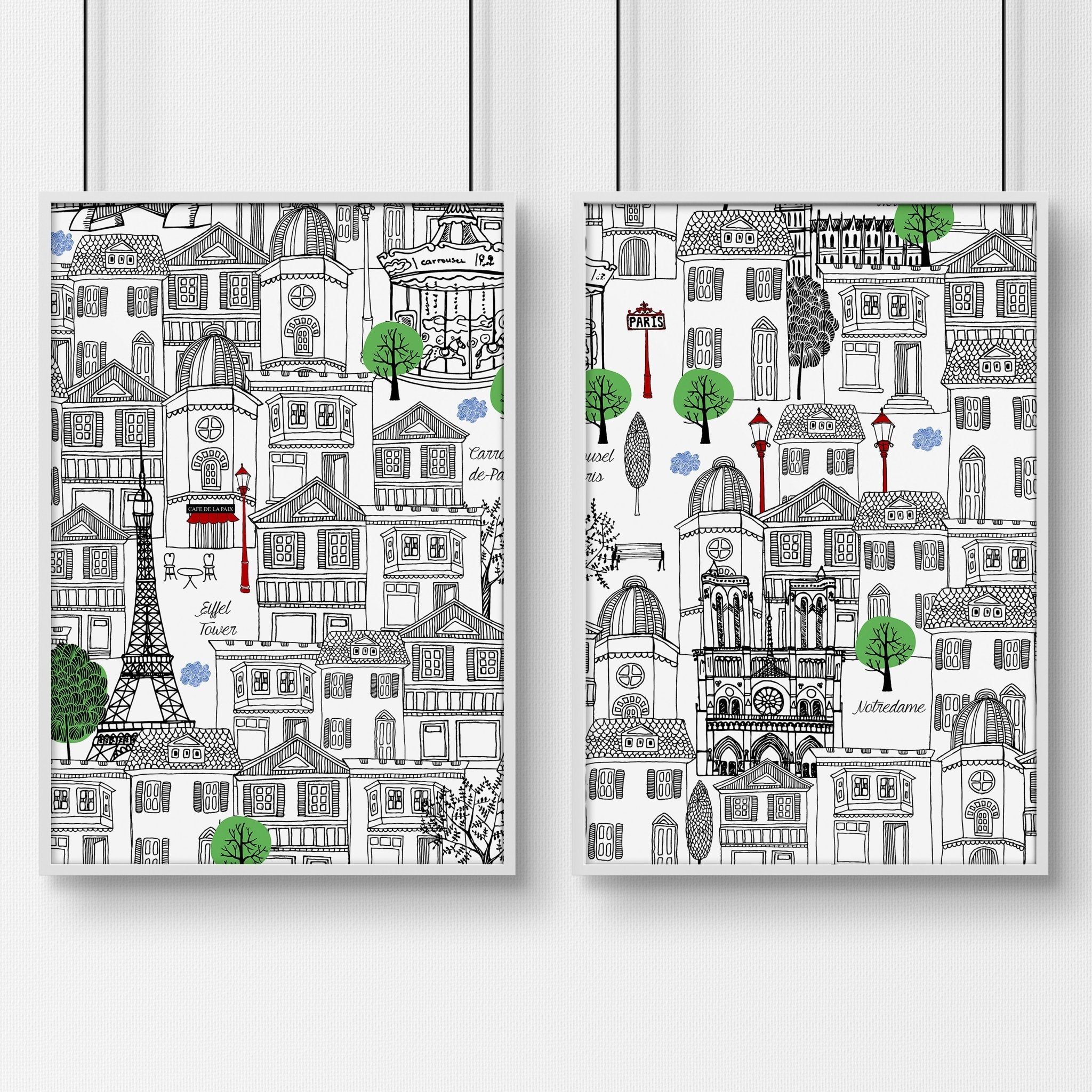 Set of 2 black and white travel posters featuring iconic Paris landmarks, elegantly framed for home decor.