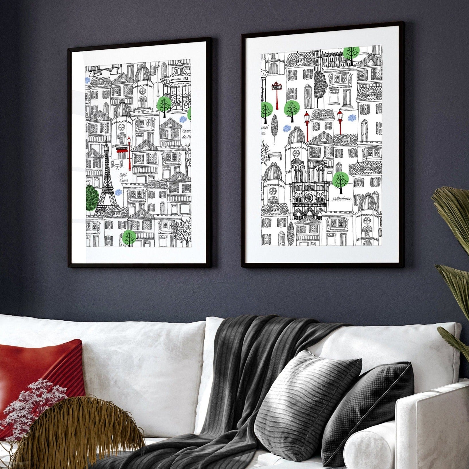 Set of 2 black and white travel posters featuring iconic Paris landmarks, elegantly framed for home decor.