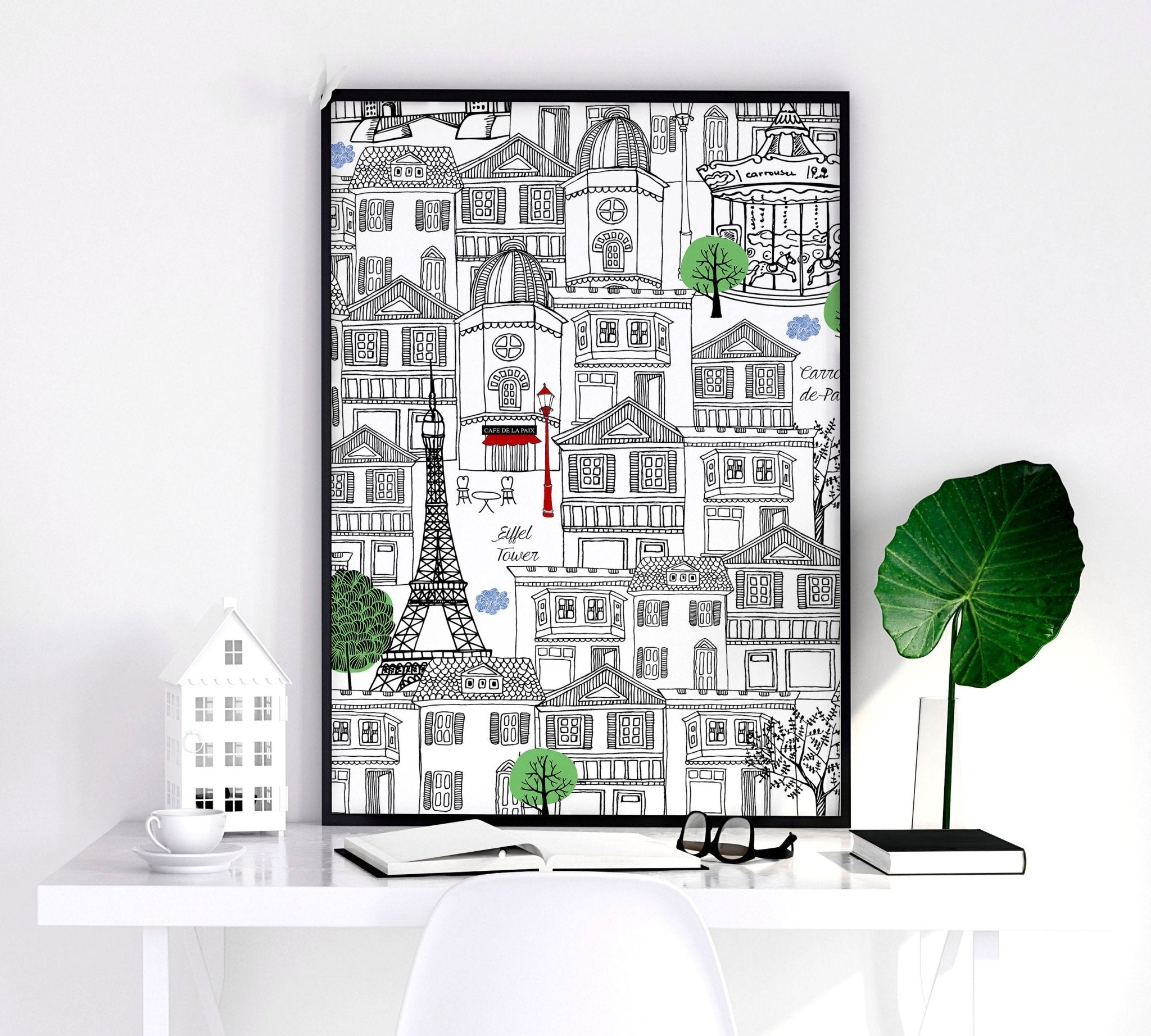 Set of 2 black and white travel posters featuring iconic Paris landmarks, elegantly framed for home decor.