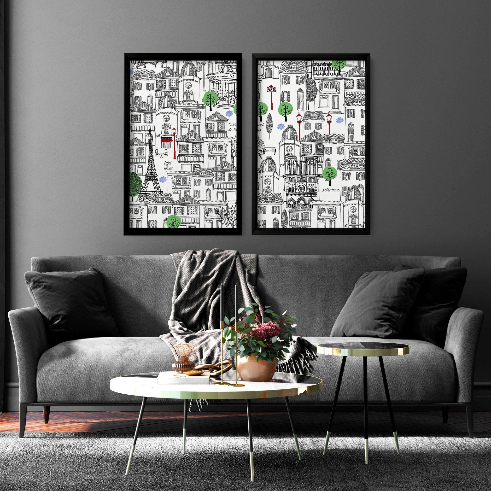 Set of 2 black and white travel posters featuring iconic Paris landmarks, elegantly framed for home decor.