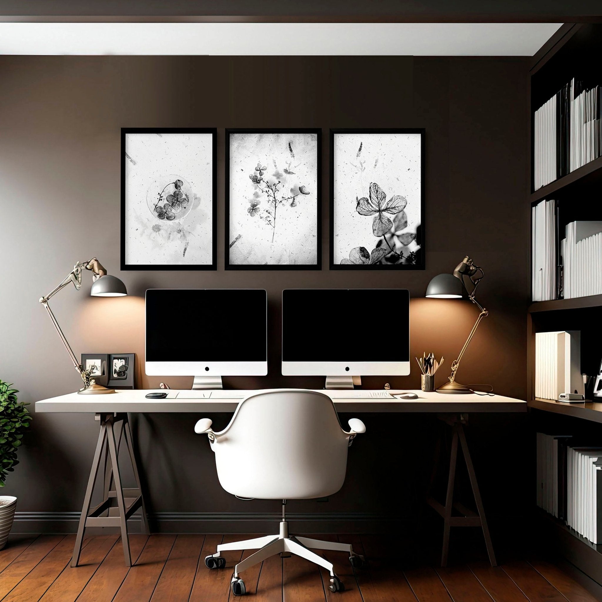 Set of 3 framed wall art prints featuring Black and White Botanical designs, perfect for home office decor.
