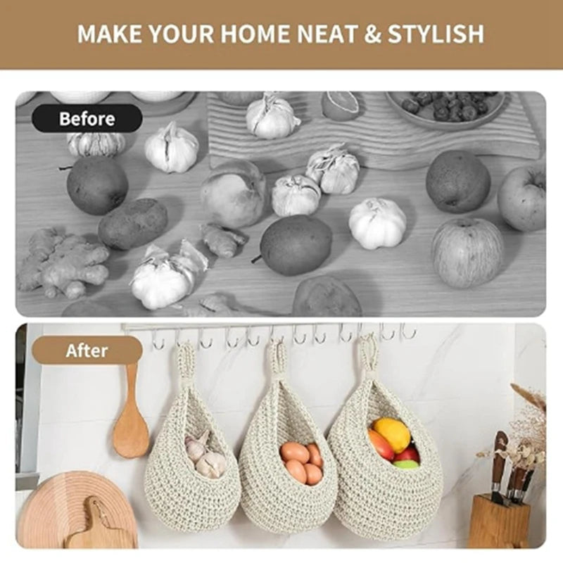Set of three woven wall hanging fruit baskets in grey, white, and jute colors, perfect for kitchen organization.