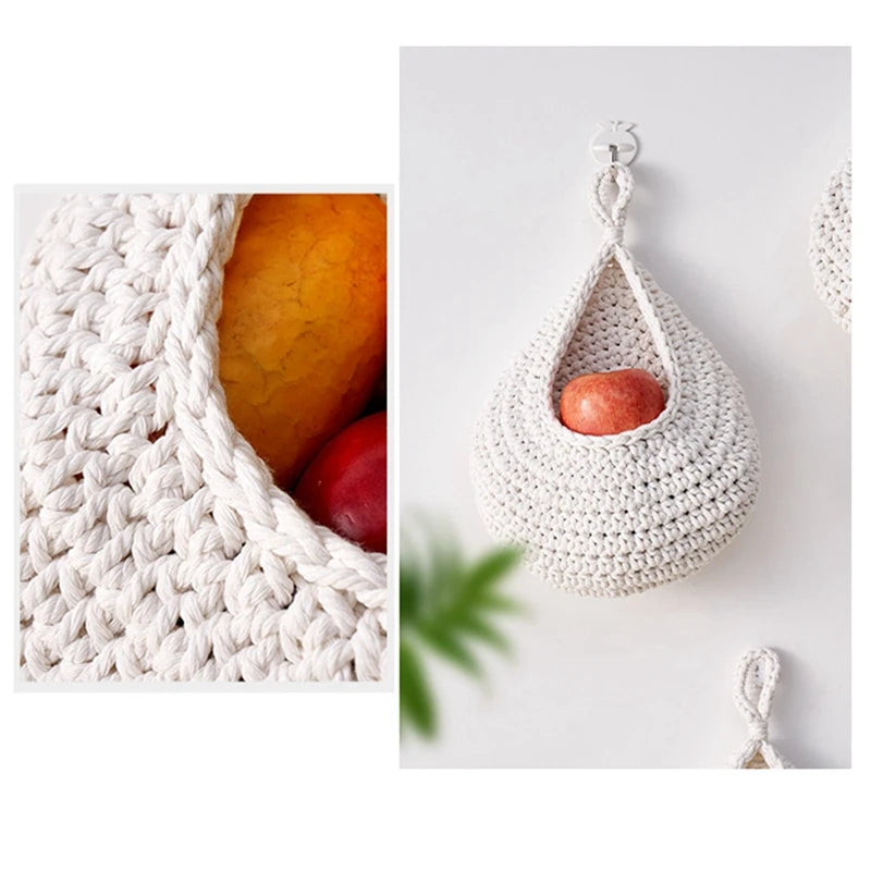 Set of three woven wall hanging fruit baskets in grey, white, and jute colors, perfect for kitchen organization.