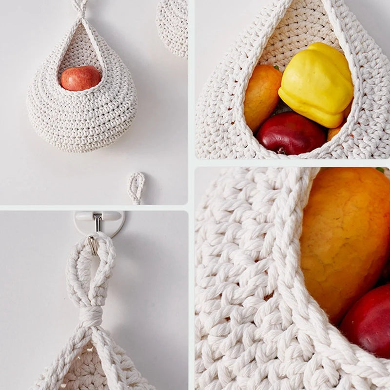 Set of three woven wall hanging fruit baskets in grey, white, and jute colors, perfect for kitchen organization.