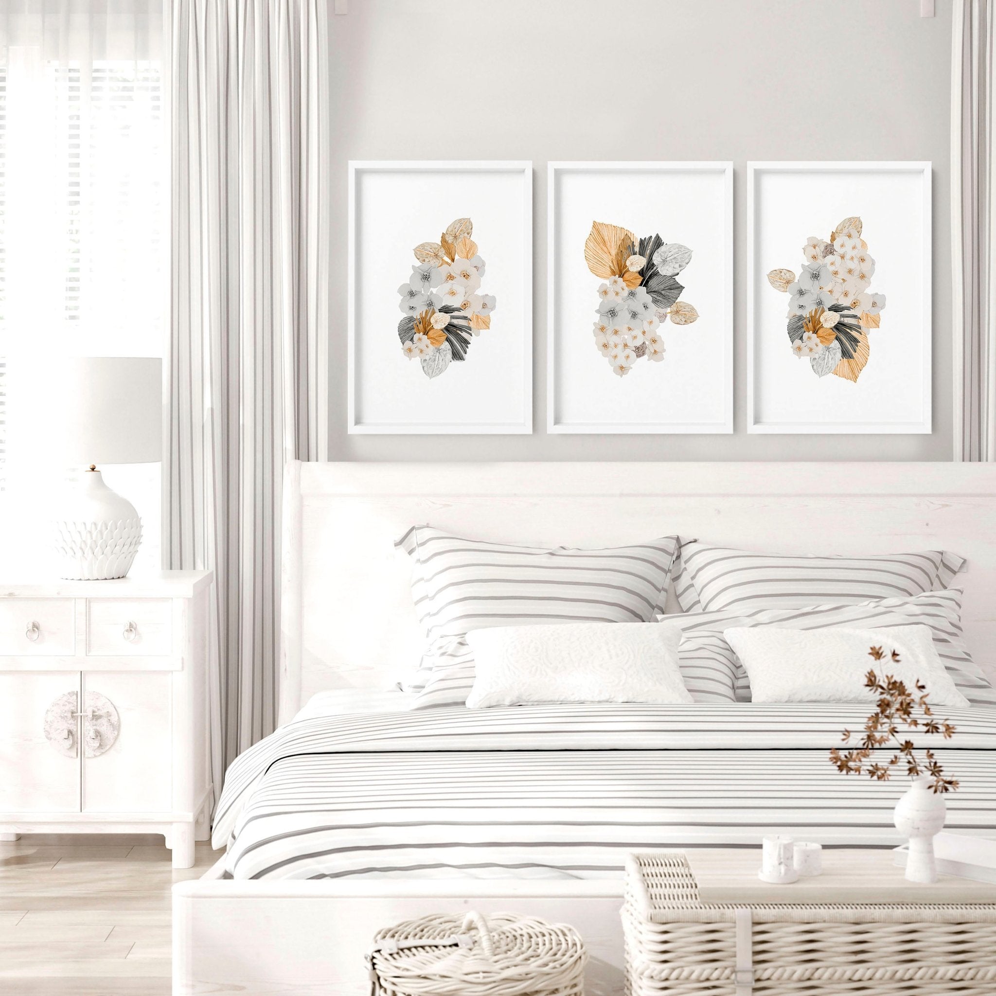 Set of 3 unique farmhouse bedroom wall art prints featuring elegant botanical motifs in soft peach and grey tones, perfect for Shabby Chic decor.