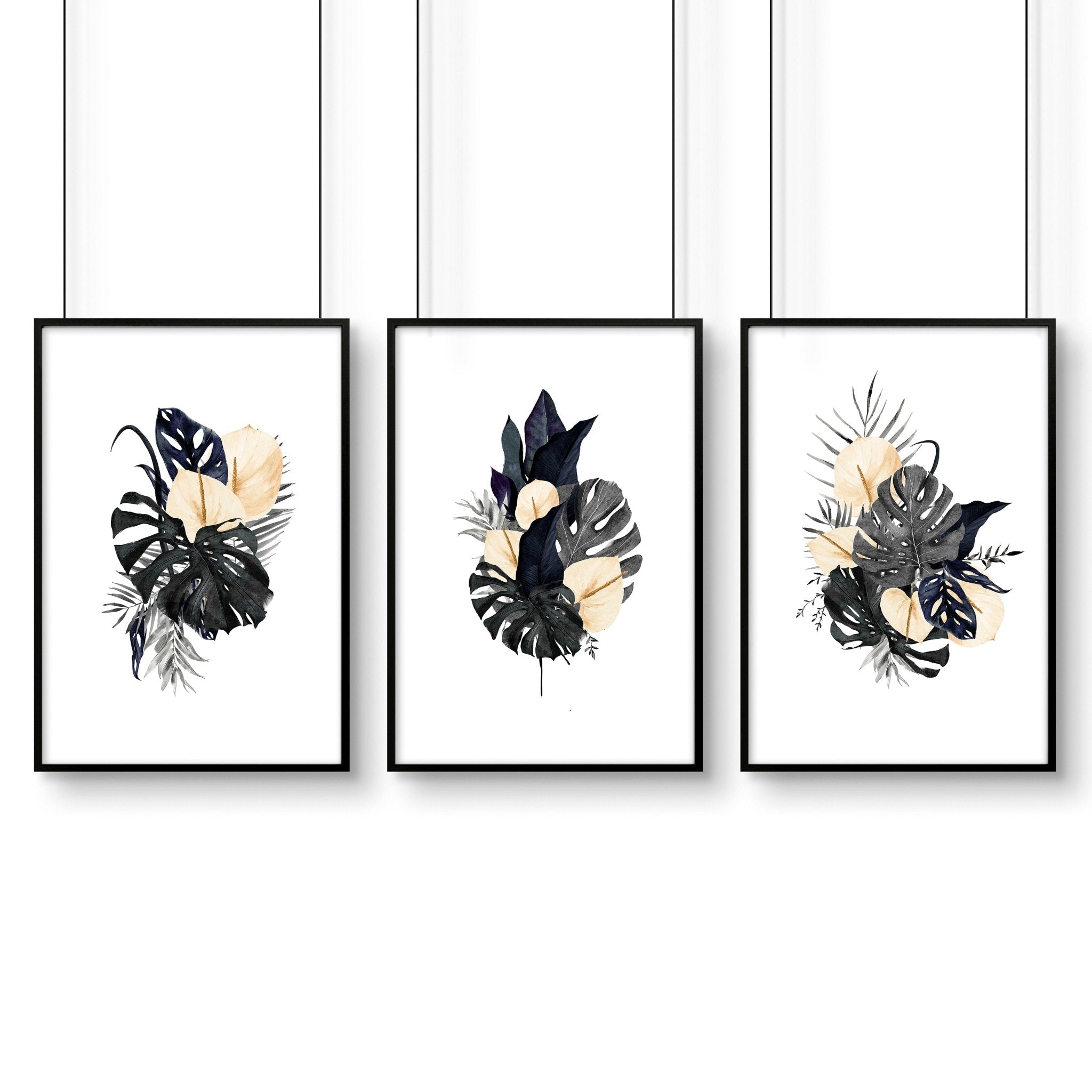 Set of 3 framed wall art prints featuring tropical Monstera leaves and pink flowers, perfect for bedroom decor.