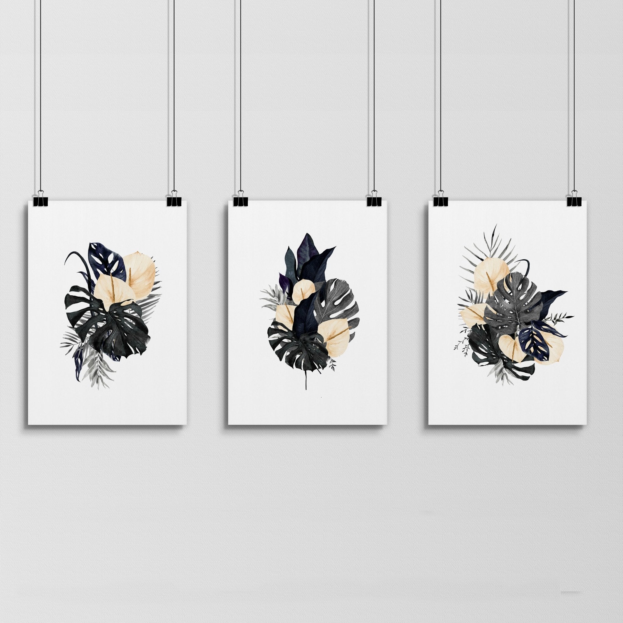 Set of 3 framed wall art prints featuring tropical Monstera leaves and pink flowers, perfect for bedroom decor.