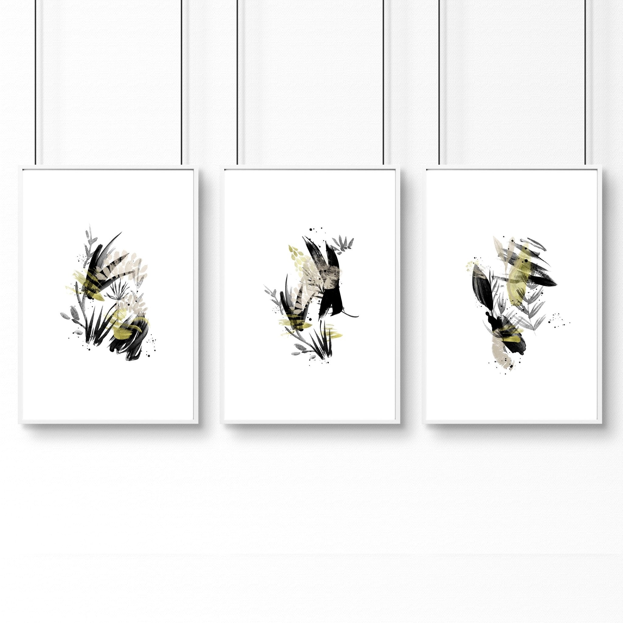 Set of 3 wall art prints featuring Abstract Japanese Wabi Sabi designs in Black, Grey, and Pastel colors, perfect for office decor.