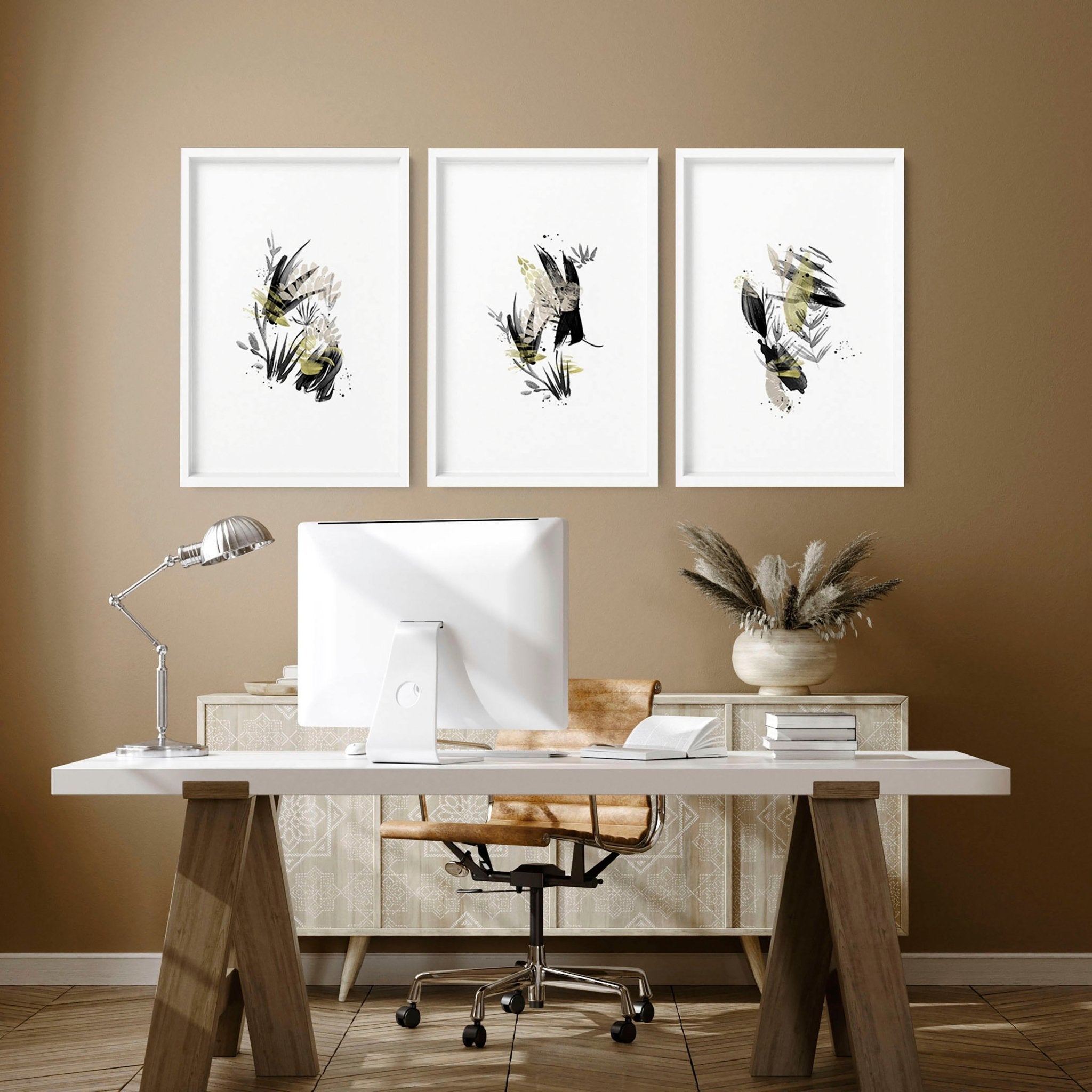 Set of 3 wall art prints featuring Abstract Japanese Wabi Sabi designs in Black, Grey, and Pastel colors, perfect for office decor.