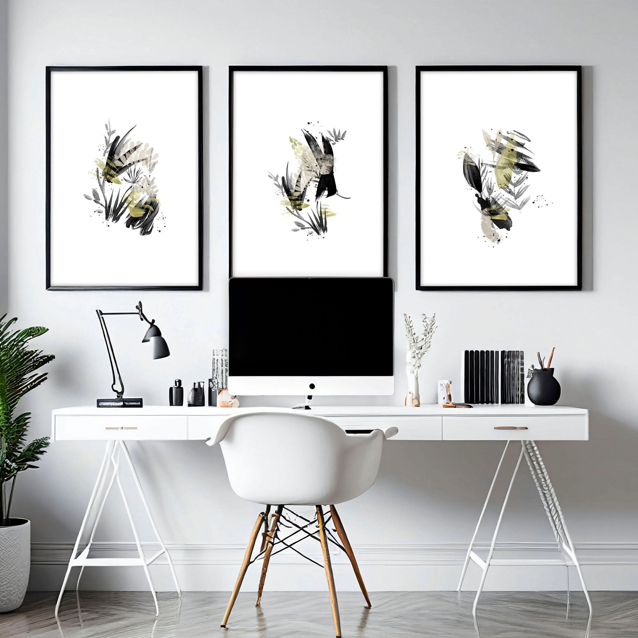 Set of 3 wall art prints featuring Abstract Japanese Wabi Sabi designs in Black, Grey, and Pastel colors, perfect for office decor.