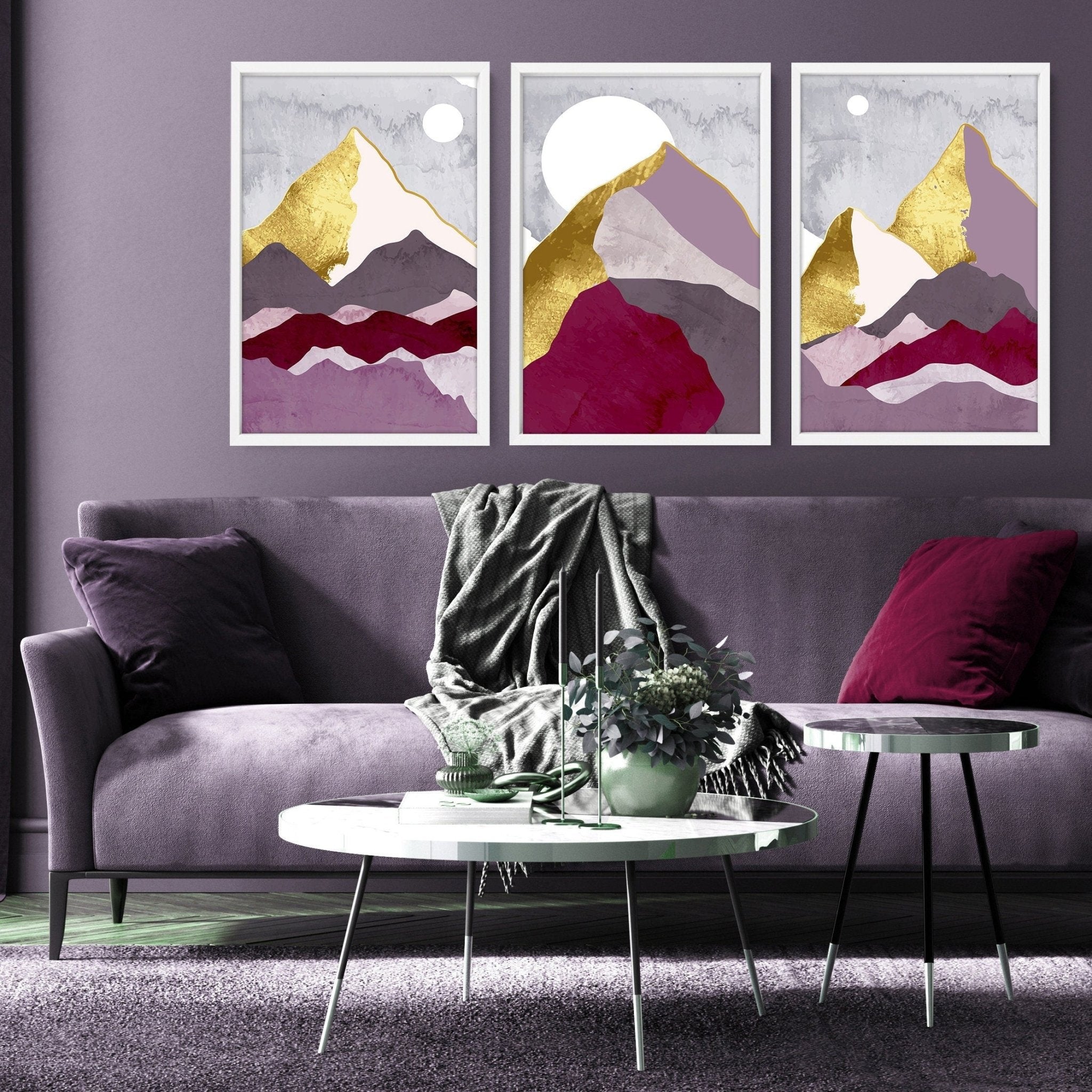 Set of 3 Scandinavian wall art prints featuring mountain landscapes in burgundy, lavender, and gold accents, perfect for living room decor.