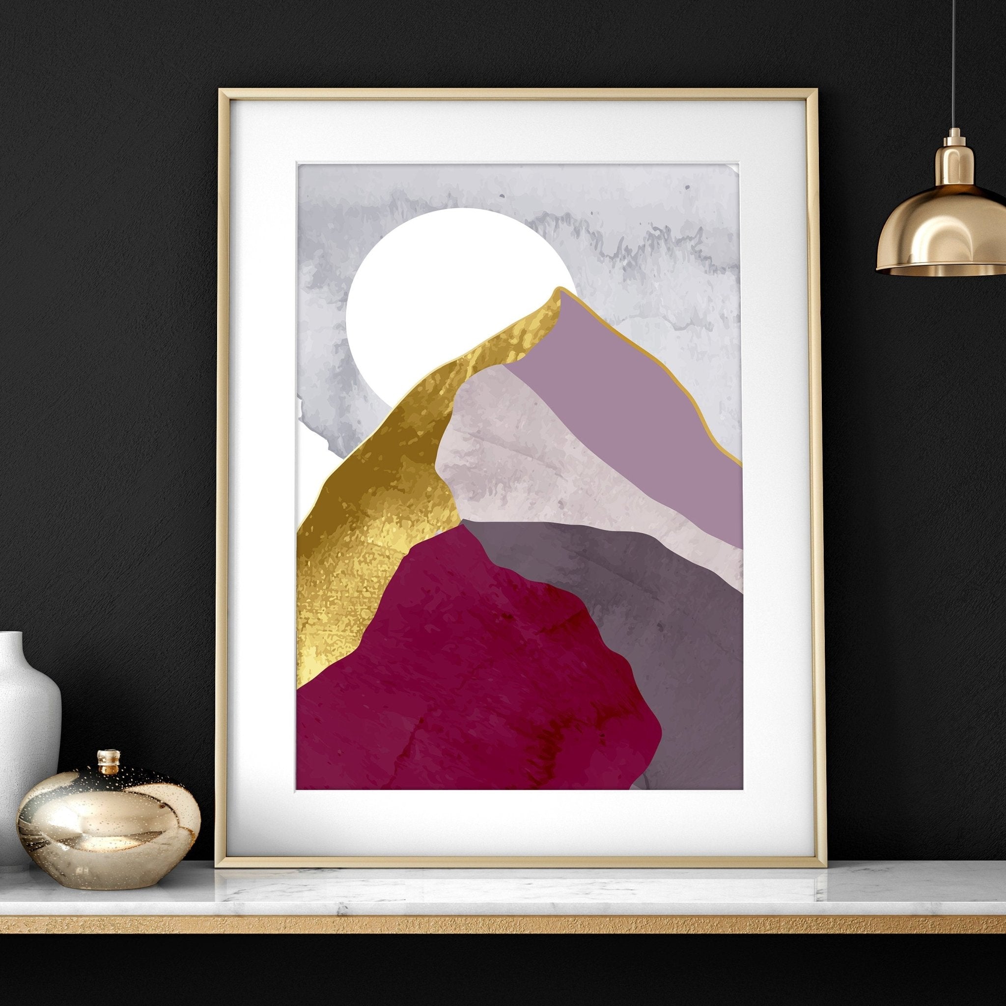 Set of 3 Scandinavian wall art prints featuring mountain landscapes in burgundy, lavender, and gold accents, perfect for living room decor.