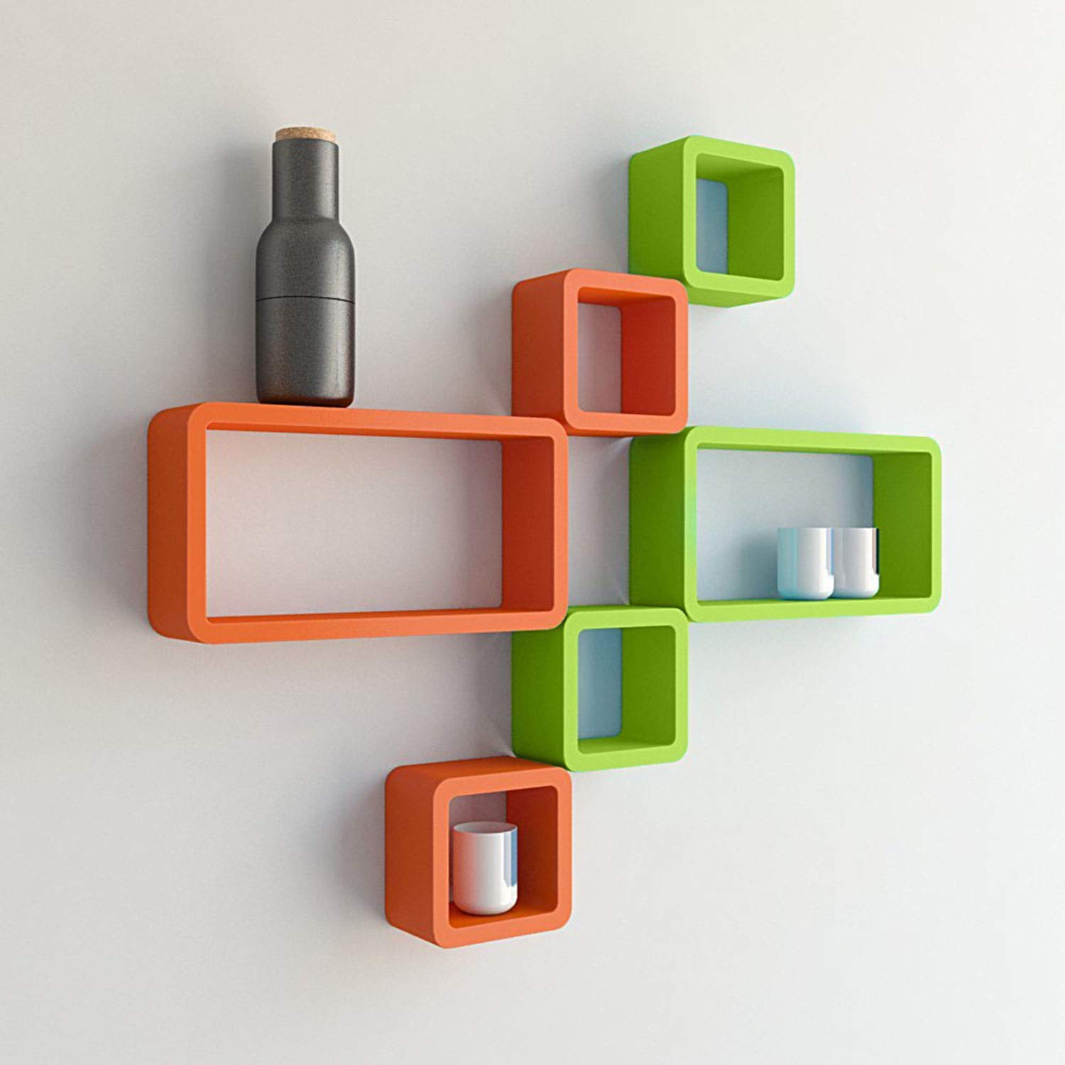 A modern 6-piece wall shelf set featuring cube and rectangle designs in vibrant green and orange, perfect for displaying books and ornaments.