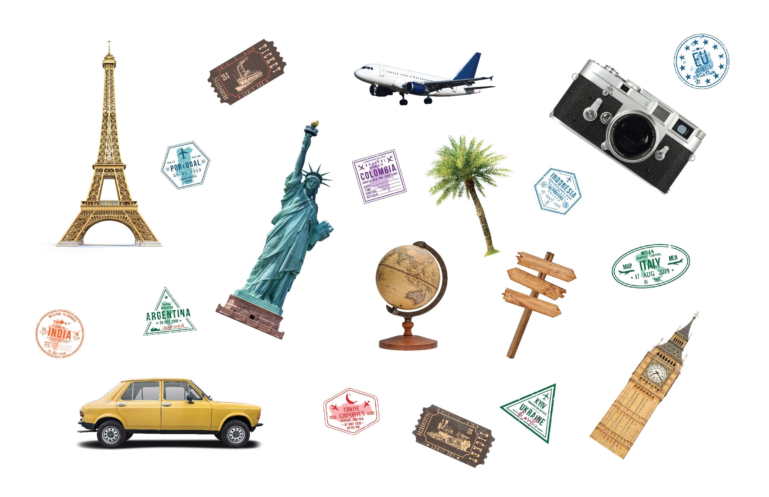 A collection of 20 wanderlust travel-inspired wall decal stickers on an 11x17 sheet, featuring various travel-themed designs.