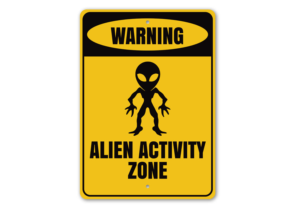 Warning Alien Activity Zone Sign made of durable aluminum, featuring vibrant colors and a playful design, perfect for kids' rooms.