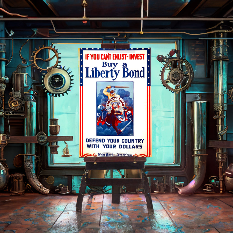 Wartime Liberty Bonds Poster Remastered Print framed in a solid MDF wood frame, showcasing vibrant graphics and a matte finish.