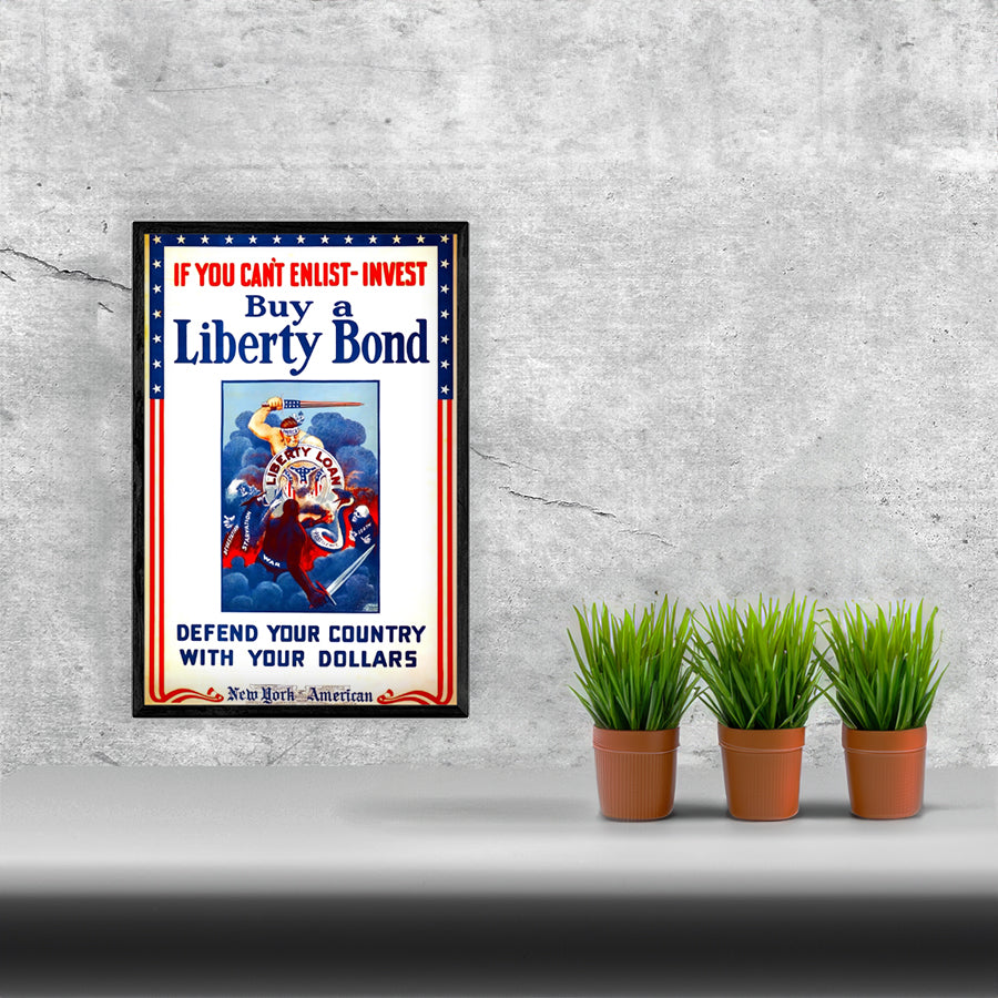 Wartime Liberty Bonds Poster Remastered Print framed in a solid MDF wood frame, showcasing vibrant graphics and a matte finish.