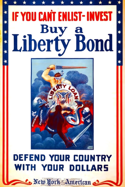 Wartime Liberty Bonds Poster Remastered Print framed in a solid MDF wood frame, showcasing vibrant graphics and a matte finish.