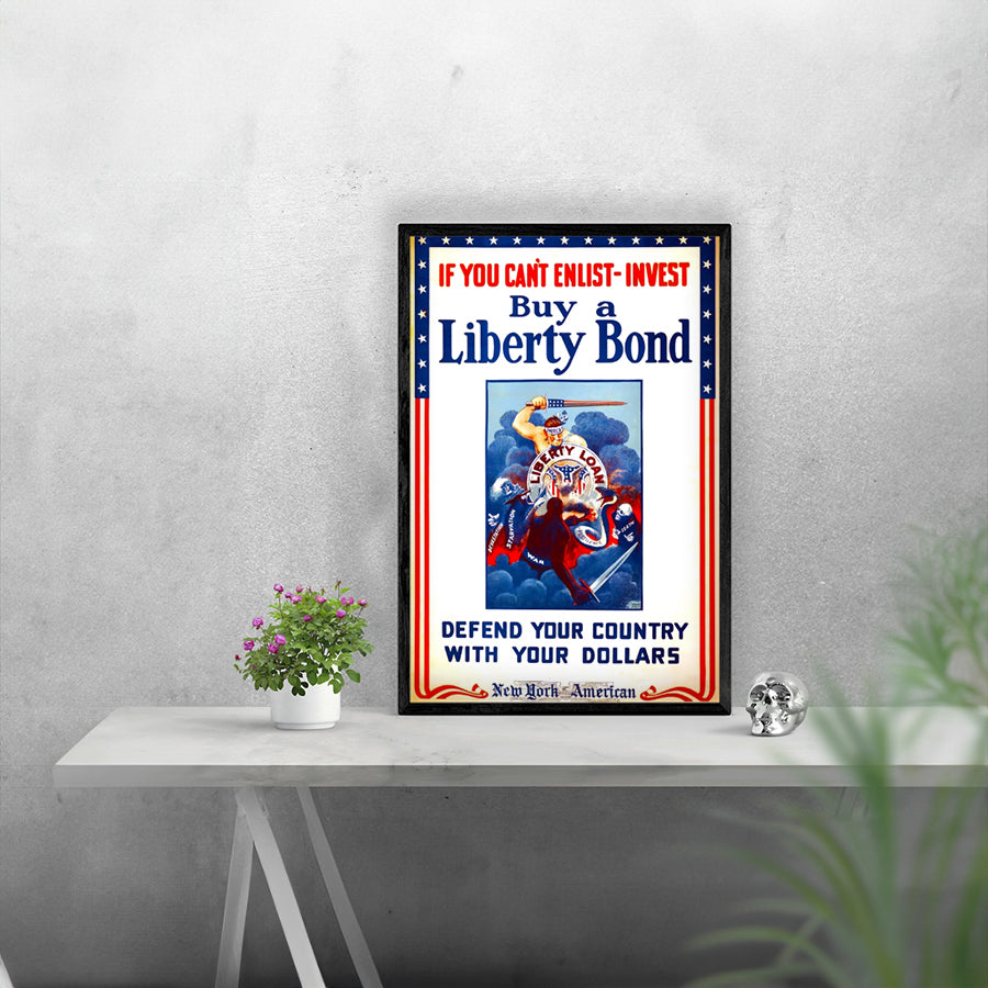 Wartime Liberty Bonds Poster Remastered Print framed in a solid MDF wood frame, showcasing vibrant graphics and a matte finish.