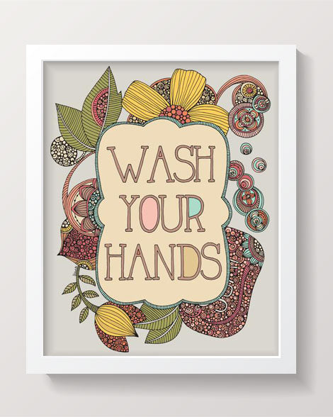 Wash Your Hands archival art print featuring original pen and ink art with vibrant digital coloring, sized 8x10 inches.