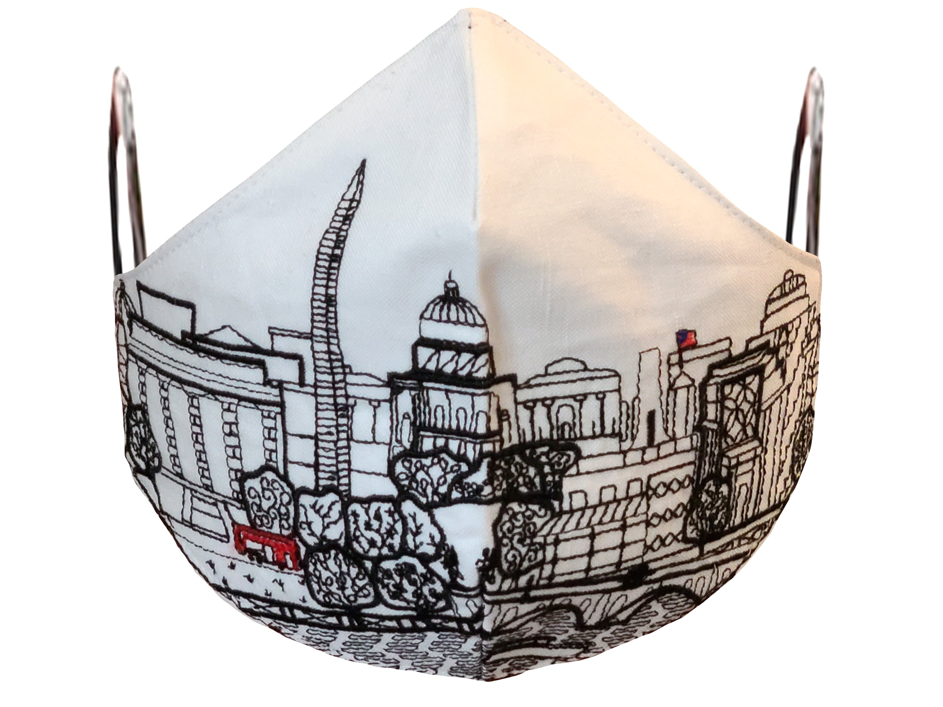 Washington DC skyline embroidered face mask made of linen and cotton with soft cotton lining and elastic loops.