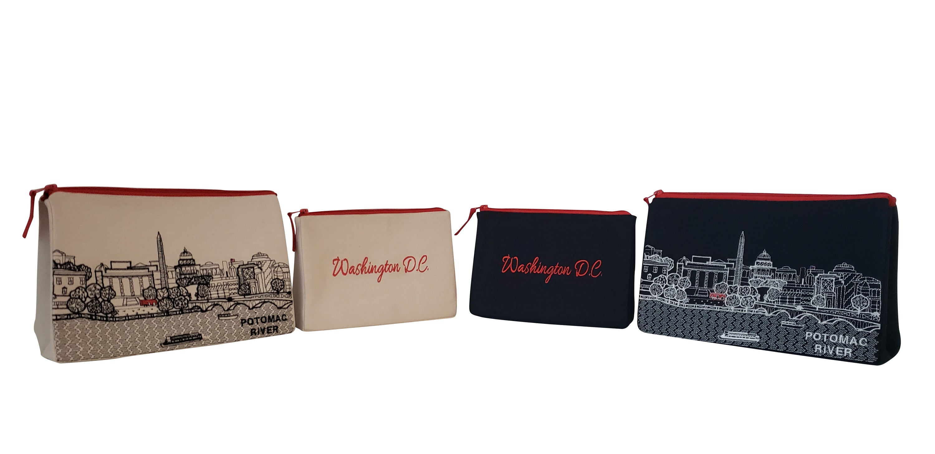 Washington DC Makeup Bag set featuring embroidered skyline on cream and black cotton canvas with red waterproof lining.